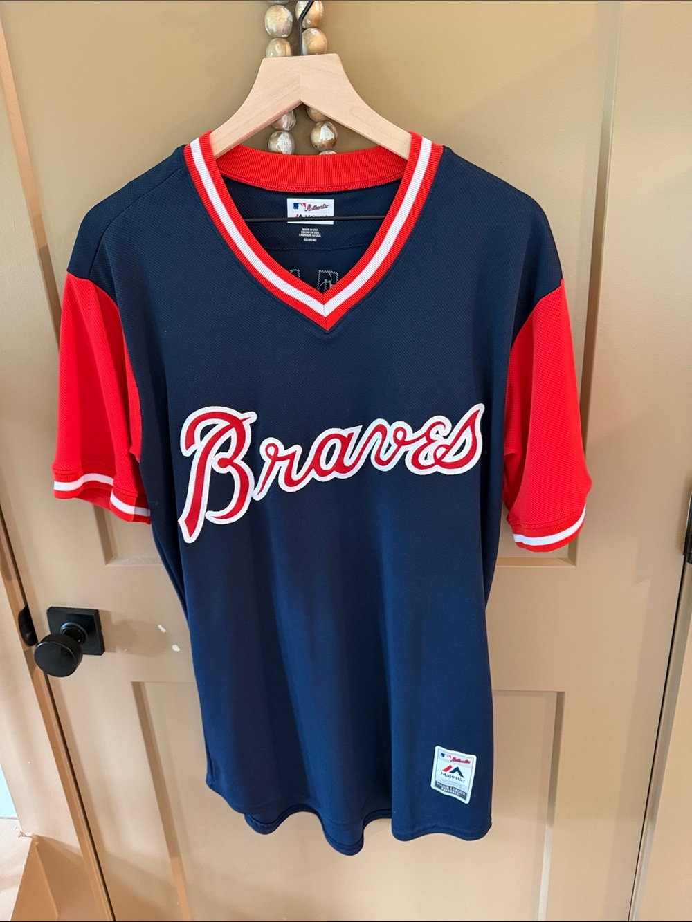 Majestic Navy and Red Braves Script Jersey